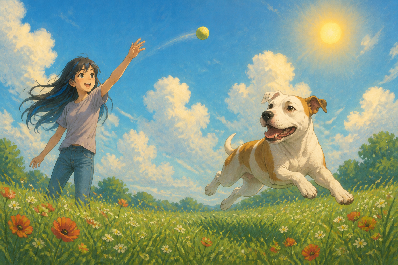 A girl throwing a tennis ball for a happy brown and white pitbull in a sunny flower field